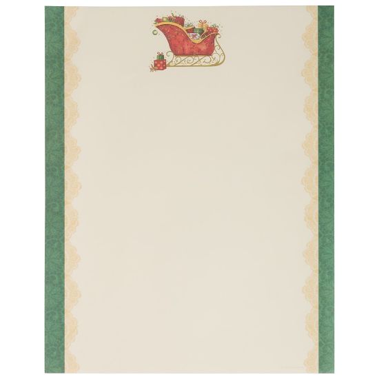 Picture of JAM Paper Christmas Paper, Letter Size (8 1/2in x 11in), 28 Lb, Santas Sleigh with Green Edging, Pack of 100 Sheets