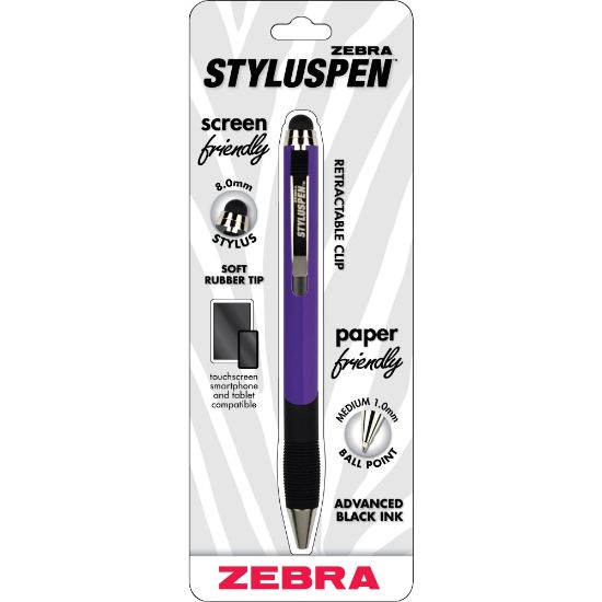 Picture of Zebra Pen STYLUSPEN Retractable Stylus Pen With Grip, Medium Point, 1.0 mm, Sour Grapes Barrel, Black Ink