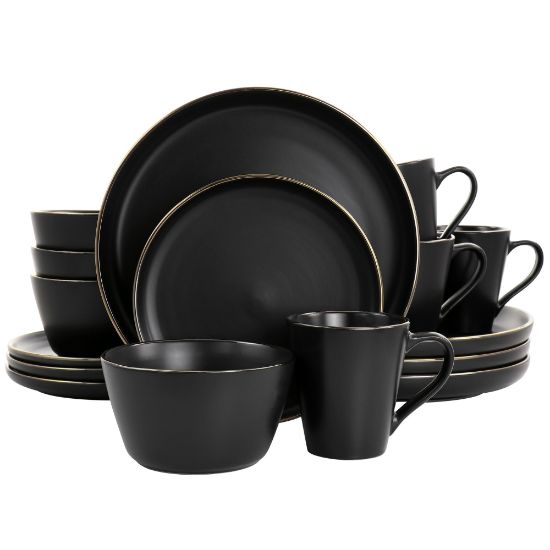 Picture of Elama Paul 16-Piece Stoneware Dinnerware Set, Matte Black/Gold