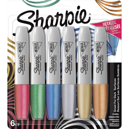 Picture of Sharpie Metallic Ink Permanent Markers, Chisel Point, Assorted Metallic Ink Colors, Gray Barrels, Pack Of 6 Markers