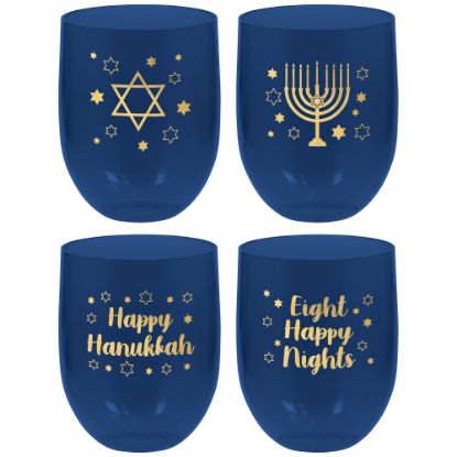 Picture of Amscan 350578 Hanukkah Stemless Drinking Glasses, 15.2 Oz, Blue, Set Of 4 Glasses