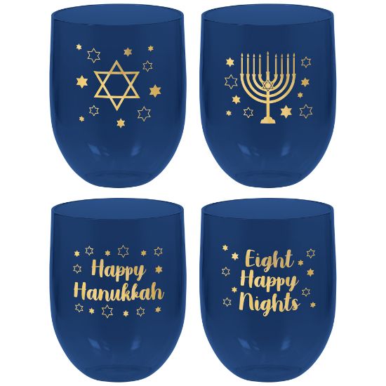 Picture of Amscan 350578 Hanukkah Stemless Drinking Glasses, 15.2 Oz, Blue, Set Of 4 Glasses