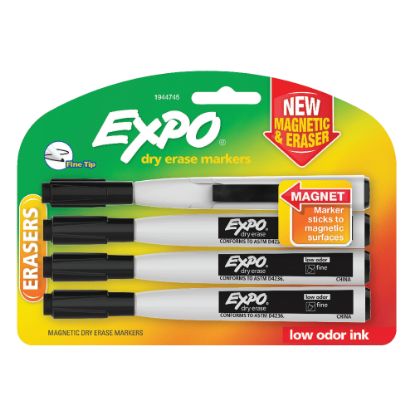 Picture of EXPO Magnetic Dry Erase Markers With Eraser, Fine Tip, Black Ink, Pack Of 4