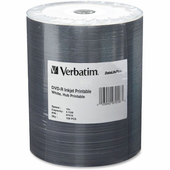 Picture of Verbatim DVD-R Printable Disc Spindle, White, Pack Of 100