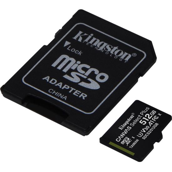 Picture of Kingston Canvas Select Plus SDCS2 512 GB Class 10/UHS-I (U3) microSDXC - 1 Pack - 100 MB/s Read - 85 MB/s Write - Lifetime Warranty