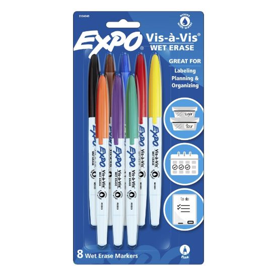 Picture of EXPO Vis-A-Vis Wet-Erase Fine-Tip Markers, Assorted Colors, Pack Of 8