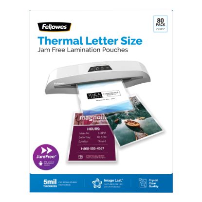 Picture of Fellowes ImageLast Premium UV Thermal Laminating Pouches, Letter Size, 5 Mil, 9in x 11-1/2in, Clear, Pack Of 80 Pouches