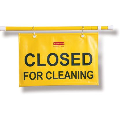 Picture of Rubbermaid Commercial Closed For Cleaning Safety Sign - 6 / Carton - Closed for Cleaning Print/Message - 50in Width x 13in Height x 1in Depth - Rectangular Shape - Hanging - Durable, Grommet - Yellow