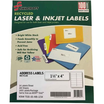 Picture of SKILCRAFT Recycled Address Labels - 1 21/64in Width x 4in Length - Permanent Adhesive - Rectangle - Laser, Inkjet - White - Fiber - 14 / Sheet - 100 Total Sheets - 1400 / Pack