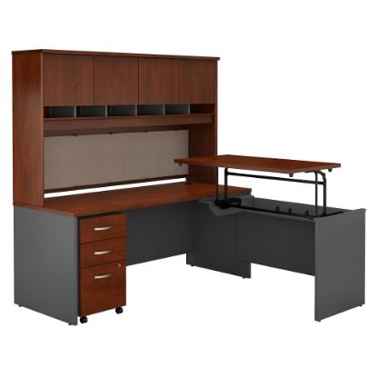 Picture of Bush Business Furniture Components 72inW 3 Position Sit to Stand L Shaped Desk with Hutch and Mobile File Cabinet, Hansen Cherry/Graphite Gray, Standard Delivery