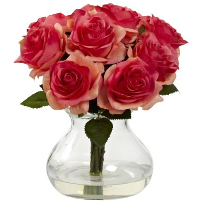 Picture of Nearly Natural Rose 11inH Plastic Floral Arrangement With Vase, 11inH x 11inW x 11inD, Dark Pink