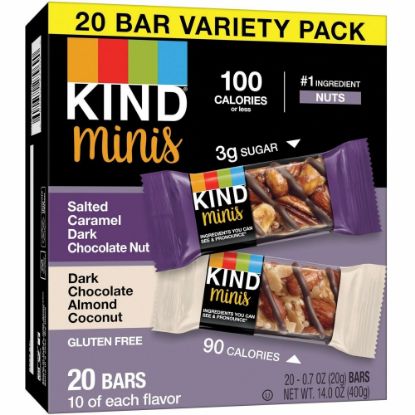 Picture of KIND Minis Dark Chocolate Nut Bars Variety - Trans Fat Free, Gluten-free, Low Glycemic, Low Sodium - Salted Caramel Dark Chocolate Nut, Dark Chocolate Almond Coconut - 0.70 oz - 20 / Pack