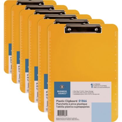 Picture of Business Source Flat Clip Clipboard - 9in x 12in - Plastic - Neon Orange - 6 / Bundle