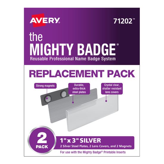 Picture of Avery 71202 The Mighty Badge Professional Replacement Name Badges, 1in x 3in, Silver, Pack Of 2 Badges