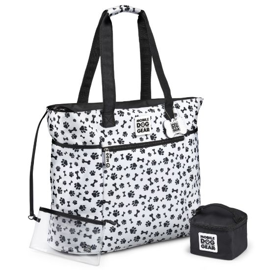 Picture of Mobile Dog Gear Dogssentials Polyester Tote Bag, 16inH x 8-3/4inW x 19-1/2inD, White/Black Paw Print