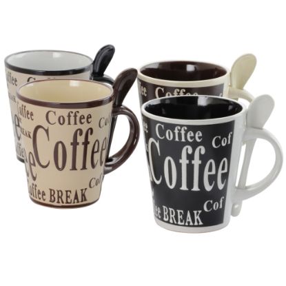 Picture of Mr. Coffee Mug And Spoon Set, Bareggio, 12 Oz., Taupe/Black, Set Of 4 Mugs With Matching Spoons