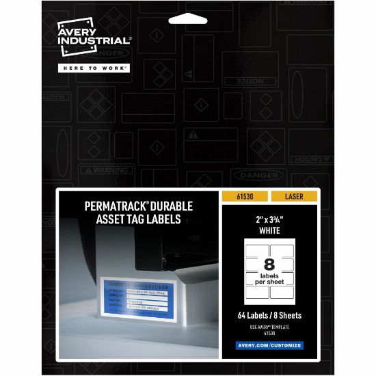 Picture of Avery PermaTrack Durable White Asset Tag Labels, 2in x 3-3/4in , 64 Asset Tags - 2in Width x 3 3/4in Length - Permanent Adhesive - Rectangle - Laser - White - Film - 8 / Sheet - 8 Total Sheets - 64 Total Label(s) - 5 - Water Resistant