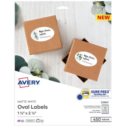 Picture of Avery Printable Blank ID Labels, 22564, Oval, 1.5in x 2.5in, White, Pack Of 450 Labels