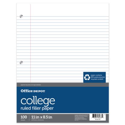 Picture of Office Depot Brand College-Ruled Notebook Filler Paper, 3-Hole Punched, 11in x 8 1/2in, 100 Sheets