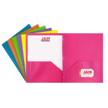 Picture of JAM Paper Plastic 2-Pocket POP Folders With Prongs, Letter Size, 9-1/2in x 11-1/2in, Assorted Fashion Colors, Pack Of 6 Folders