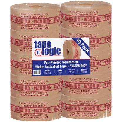 Picture of Tape Logic Preprinted Reinforced Water-Activated Tape, Warning, 3in Core, 3in x 150 Yd., Kraft, Case Of 10