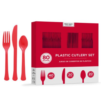 Picture of Amscan 8016 Solid Heavyweight Plastic Cutlery Assortments, Apple Red, 80 Pieces Per Pack, Set Of 2 Packs