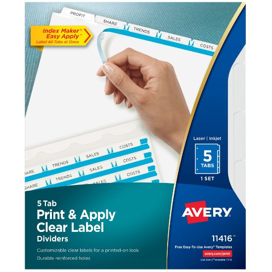 Picture of Avery Customizable Index Maker Dividers For 3 Ring Binder, Easy Print & Apply Clear Label Strip, 5 Tab, White, 1 Set