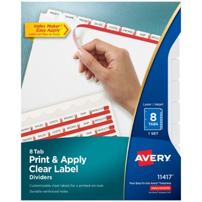 Picture of Avery Customizable Index Maker Dividers For 3 Ring Binder, Easy Print & Apply Clear Label Strip, 8 Tab, White, 1 Set