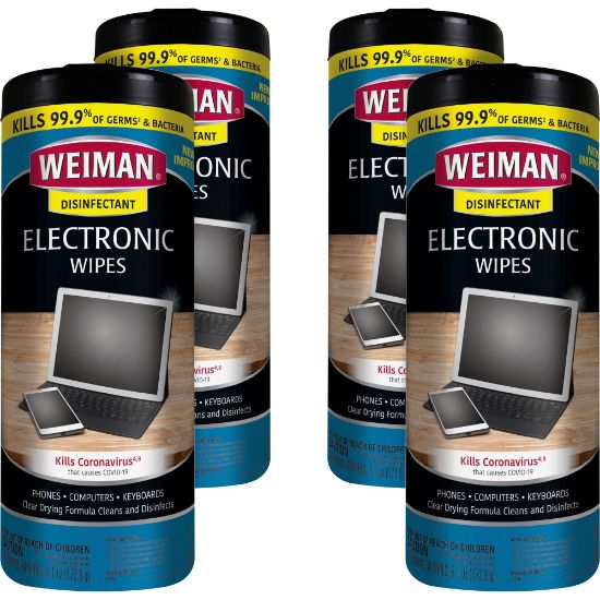 Picture of Weiman E-Tronic Wipes - For TV, Keyboard, Monitor, Notebook, Smartphone, Tablet, Electronics, Plasma Display, LCD - Streak-free, Lint-free, Ammonia-free, Anti-static, Pre-moistened - 30 / Can - 4 / Carton - White