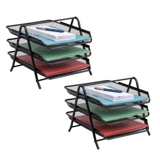 Picture of Mind Reader 3-Tier Paper Tray Desktop Organizer, File Storage, 10inH x 13-3/4inW x 11-1/2inL, Black, Set of 2 Trays