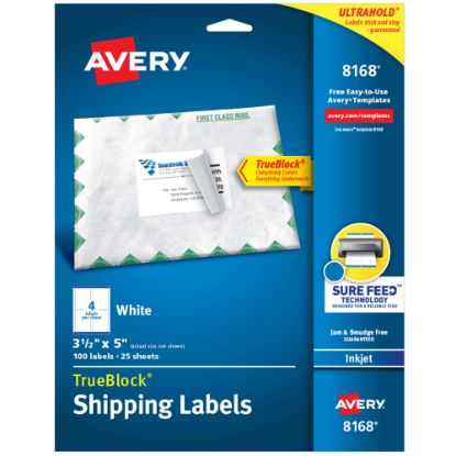 Picture of Avery TrueBlock Shipping Labels With Sure Feed Technology, 8168, Rectangle, 3-1/2in x 5in, White, Pack Of 100