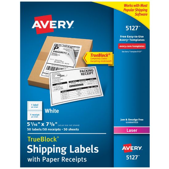 Picture of Avery TrueBlock White Laser Shipping Labels, With Paper Receipt, 5127, 5 1/16in x 7 5/8in, Pack Of 50