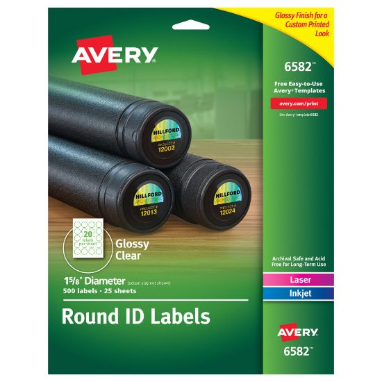 Picture of Avery Glossy Clear Print-to-the-Edge Easy Peel Labels With Sure Feed Technology, 6582, Round, 1-5/8in Diameter, Clear, Pack Of 500