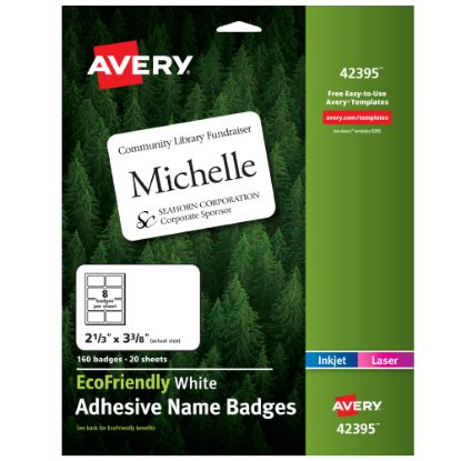 Picture of Avery EcoFriendly 100% Recycled Name Badges, 2 1/3in x 3 3/8in, White, Pack Of 160