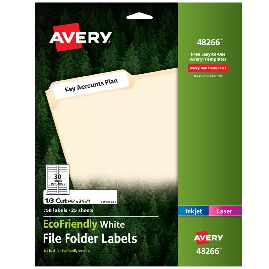 Picture of Avery Easy Peel Permanent File Folder Labels, 48266, 2/3in x 3 7/16in, 100% Recycled, White, Pack Of 750