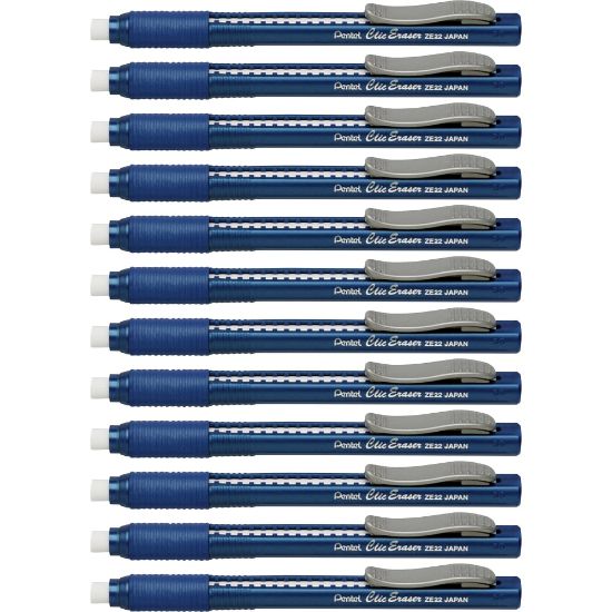 Picture of Pentel Rubber Grip Clic Eraser - Blue - Pen - Refillable - 12 / Box - Retractable, Latex-free Grip, Pocket Clip, Ghost Resistant, Non-abrasive