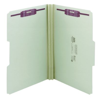 Picture of Smead Pressboard Fastener Folders With SafeSHIELD Fasteners, 2in Expansion, Legal Size, 100% Recycled, Gray/Green, Box Of 25