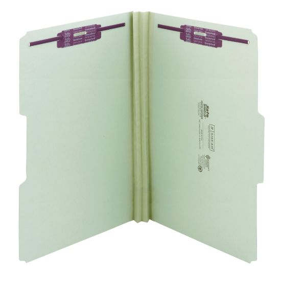 Picture of Smead Pressboard Fastener Folders With SafeSHIELD Fasteners, 2in Expansion, Legal Size, 100% Recycled, Gray/Green, Box Of 25