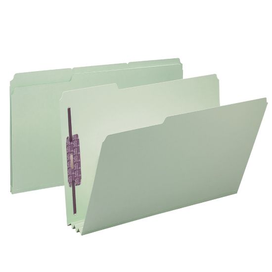 Picture of Smead Pressboard Fastener Folders With SafeSHIELD Fasteners, 3in Expansion, Legal Size, 100% Recycled, Gray/Green, Box Of 25