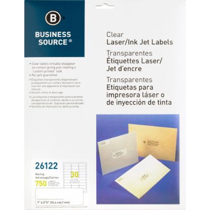 Picture of Business Source Mailing Address Labels - 1in Width x 2 3/4in Length - Permanent Adhesive - Rectangle - Laser - Clear - 30 / Sheet - 750 / Pack - Self-adhesive