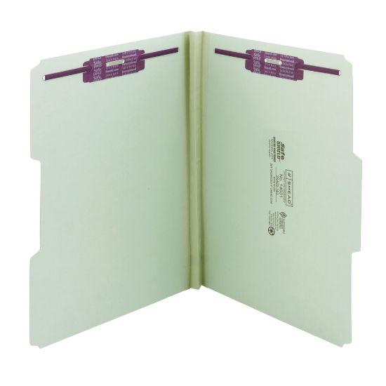 Picture of Smead Pressboard Fastener Folders With SafeSHIELD Fasteners, 1in Expansion, Letter Size, 100% Recycled, Gray/Green, Box Of 25