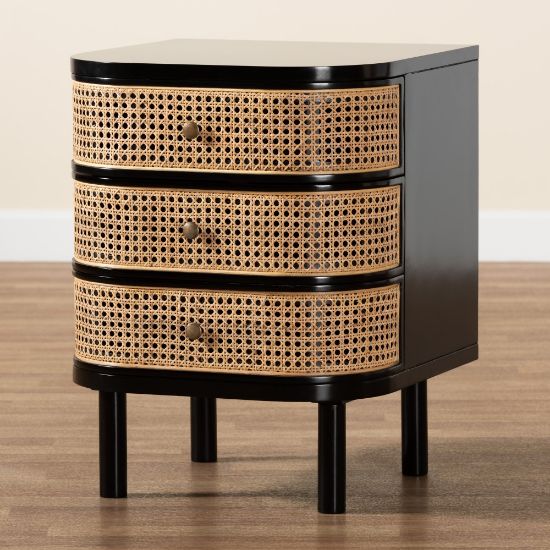 Picture of bali & pari Nabila Modern Bohemian 3-Drawer Nightstand, 25-5/8inH x 19-3/4inW x 20-1/8inD, Black/Natural Brown