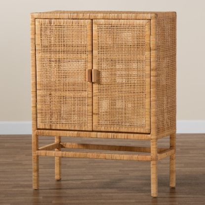 Picture of bali & pari Vivan 33inW Rattan And Mahogany Wood 3-Shelf Storage Cabinet, Natural Brown