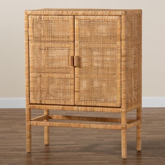 Picture of bali & pari Vivan 33inW Rattan And Mahogany Wood 3-Shelf Storage Cabinet, Natural Brown