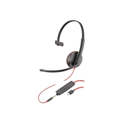 Picture of Poly Blackwire C3215 Monaural Headset + Carry Case - Mono - Mini-phone (3.5mm), USB Type C - Wired - 32 Ohm - 20 Hz - 20 kHz - Over-the-head, On-ear - Monaural - Ear-cup - 7.40 ft Cable - Noise Cancelling, Omni-directional Microphone