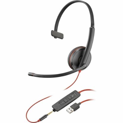 Picture of Poly Blackwire 3215 Monaural USB-A Headset - Mono - Mini-phone (3.5mm), USB Type A - Wired - 32 Ohm - 20 Hz - 20 kHz - On-ear, Over-the-head - Monaural - Supra-aural - 7.45 ft Cable - Noise Cancelling Microphone - Noise Canceling - Black