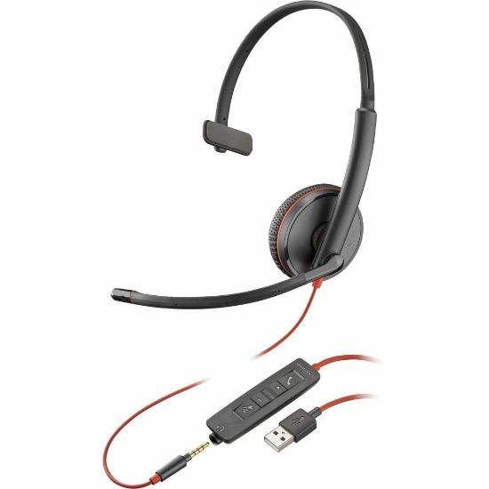 Picture of Poly Blackwire 3215 Monaural USB-A Headset - Mono - Mini-phone (3.5mm), USB Type A - Wired - 32 Ohm - 20 Hz - 20 kHz - On-ear, Over-the-head - Monaural - Supra-aural - 7.45 ft Cable - Noise Cancelling Microphone - Noise Canceling - Black