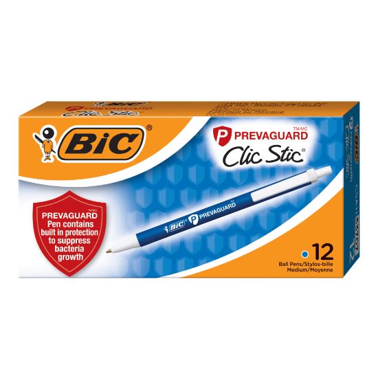 Picture of BIC PrevaGuard Clic Stic Ballpoint Pens With Antimicrobial Additive, Medium Point, 1.0 mm, Blue Barrel, Blue Ink, Pack Of 12 Pens