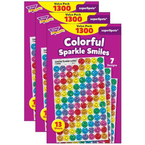 Picture of Trend SuperSpots Stickers, Colorful Sparkle Smiles, 1,300 Stickers Per Pack, Set Of 3 Packs