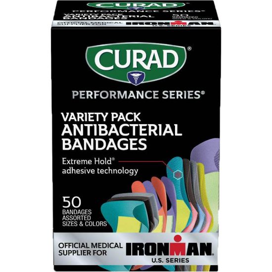 Picture of CURAD Performance Series Extreme Hold Antibacterial Adhesive Bandages Variety Pack, Assorted Sizes, Assorted Colors, 50 Bandages Per Box, Case Of 24 Boxes